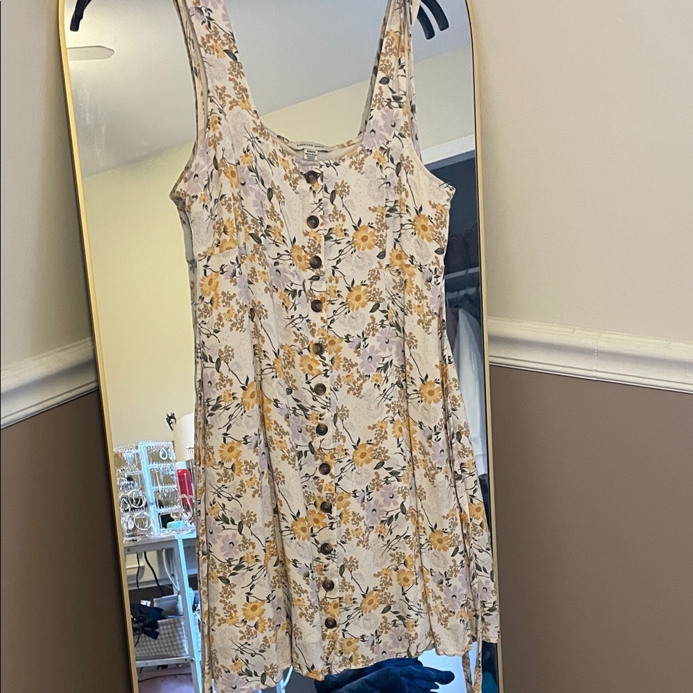 American Eagle Outfitters Cream Floral Button-Front dress with Mustard Blooms